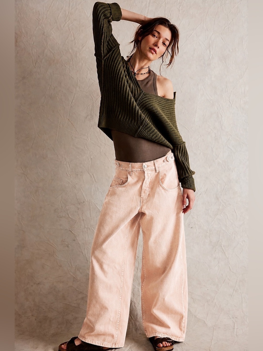 NWT Free People We The Free Electric Feels Dropped Wide Leg Jeans Peach 31